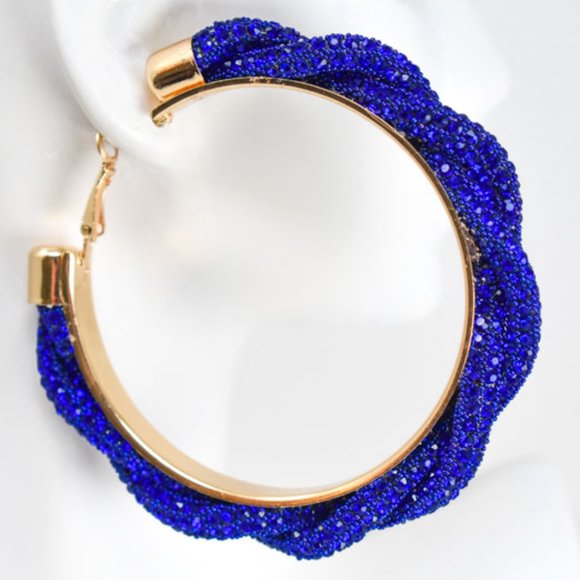 3" Braid Twist Royal Blue Rhinestone Hoop Earrings - Picture 8 of 12